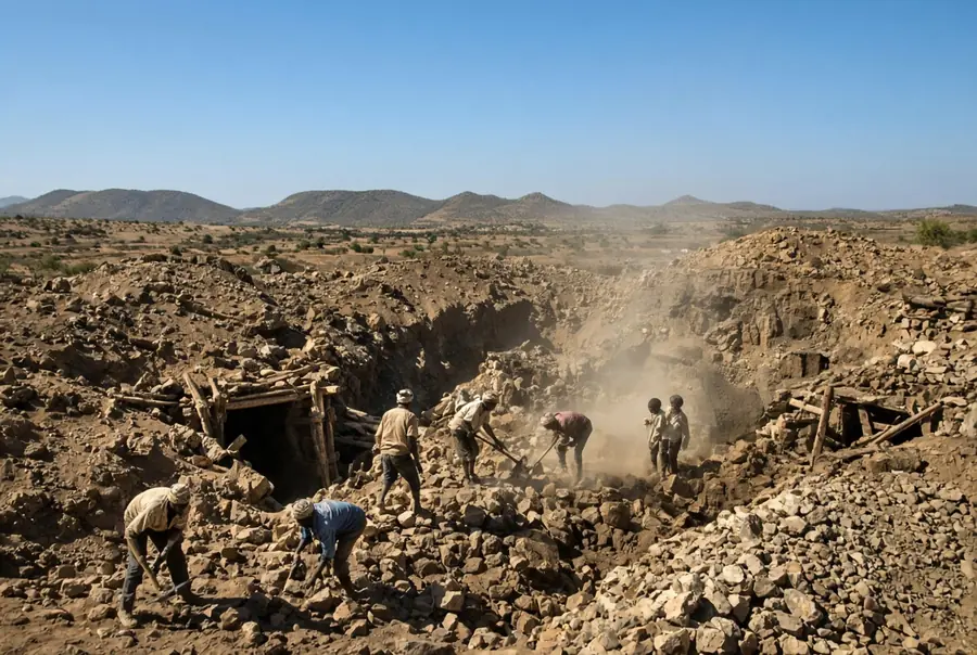 Miners and rescuers carefully clearing rubble from collapsed shafts at a Sudan gold mine site in West Kordofan under clear blue sky