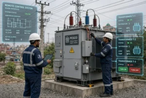 Pakistani power workers inspecting a modern electricity transformer with digital remote control system interface showing on-off status for transformer control system