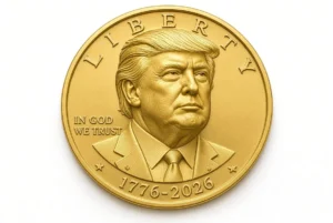 High-quality close-up of the official Trump $1 Coin in gold finish featuring President Donald Trump’s portrait, the word Liberty, In God We Trust, and the dates 1776-2026 marking America’s 250th anniversary.