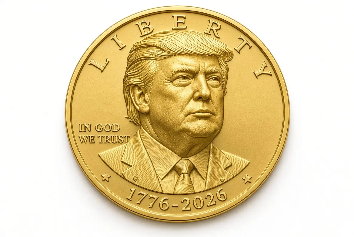 High-quality close-up of the official Trump $1 Coin in gold finish featuring President Donald Trump’s portrait, the word Liberty, In God We Trust, and the dates 1776-2026 marking America’s 250th anniversary.