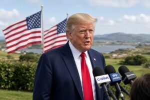 US President Donald Trump speaking to media about Trump 5000 Payouts promise with American flags in background