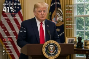 US President Donald Trump standing at Oval Office podium with declining Trump approval rating graph and key economic indicators showing rising costs