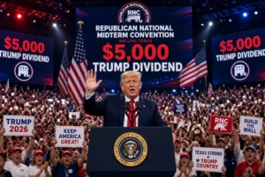 Donald Trump speaking at Republican National Midterm Convention in Dallas announcing the $5,000 Trump dividend offer with crowd and American flags