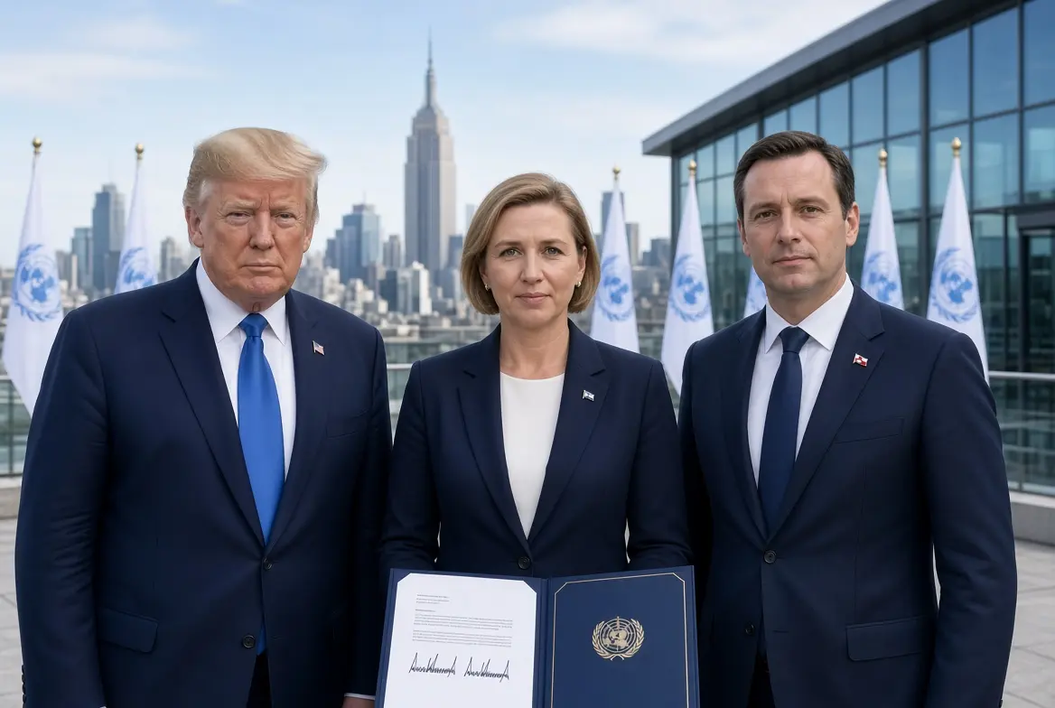 US President Donald Trump, Denmark Prime Minister Mette Frederiksen and Greenland Premier Jens-Frederik Nielsen holding the signed Trump Greenland deal document on a rooftop with New York skyline and UN flags