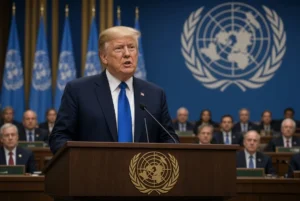 US President Donald Trump speaking at the United Nations podium about the Trump Iran deal with UN flags and assembly hall in the background