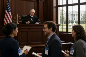 Federal judge with gavel in courtroom as CNN Politico and MS NOW journalists regain access after Trump media ban