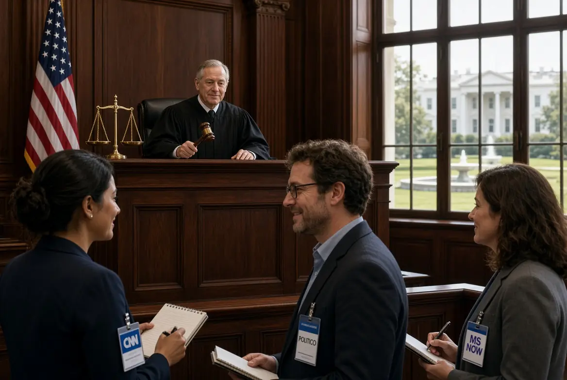 Federal judge with gavel in courtroom as CNN Politico and MS NOW journalists regain access after Trump media ban