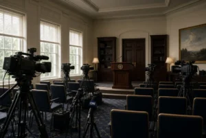 Empty James Brady Press Briefing Room with cameras and CNN mic during Trump media ban on major news outlets