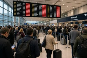 Passengers stand in long queues with luggage at Heathrow Terminal 5 as digital boards display widespread UK flight cancellations