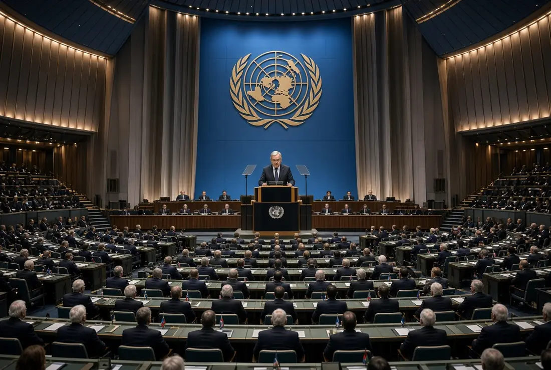 United Nations Secretary-General addressing world leaders in the General Assembly hall during UN diplomacy takeaways summit week