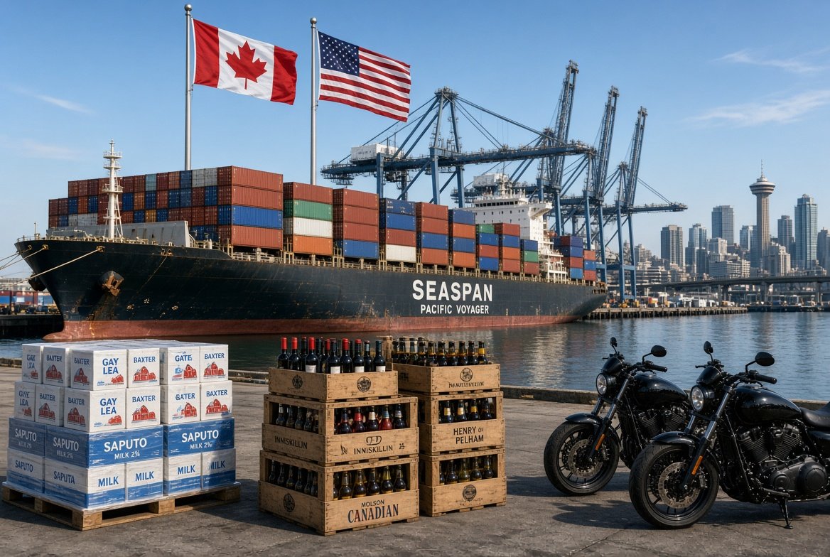 High-quality view of a cargo ship at a busy port with Canadian dairy products, wine crates, motorcycles, and flying US and Canada flags showing the US Canada trade dispute