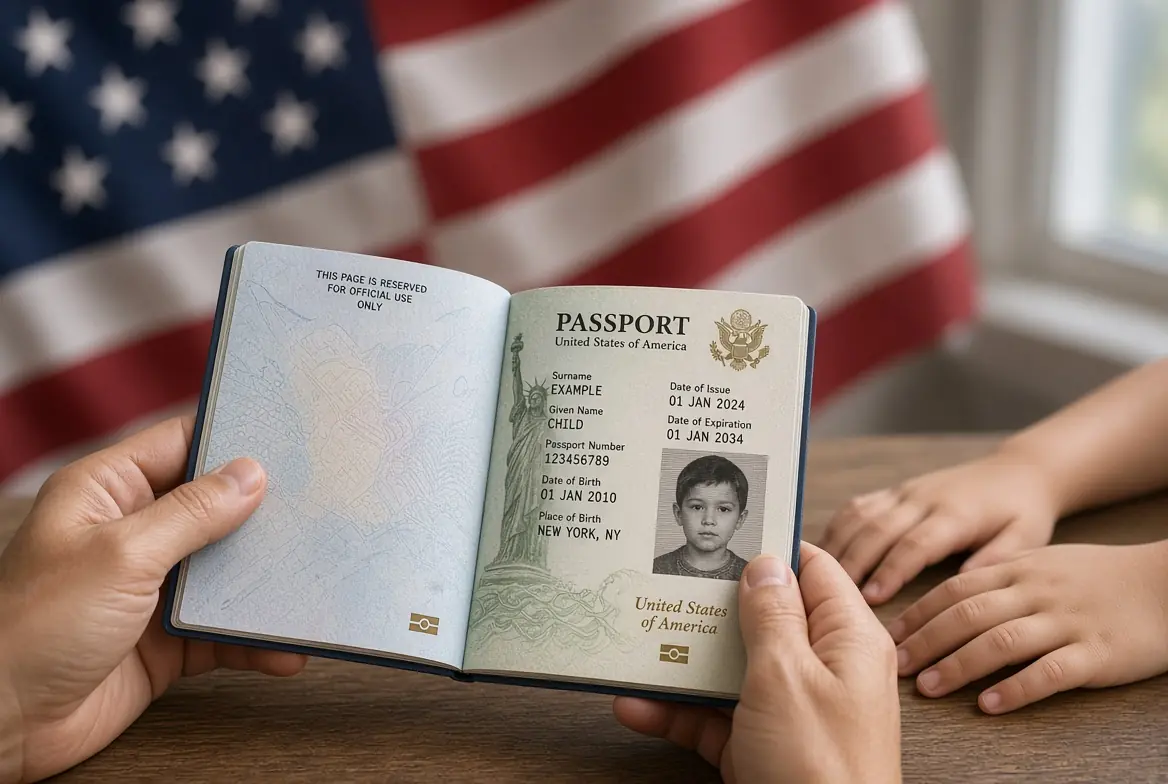 Parent holding open US child passports with American flag background showing new parental citizenship proof requirements