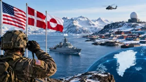 US military soldier observing a naval patrol vessel with US, Denmark, and Greenland flags flying against an Arctic landscape background