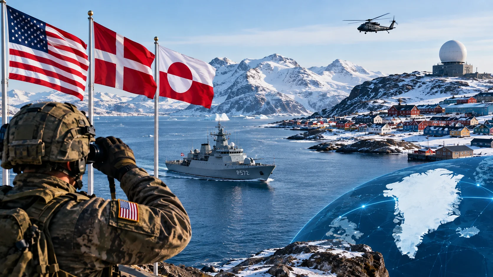 US military soldier observing a naval patrol vessel with US, Denmark, and Greenland flags flying against an Arctic landscape background