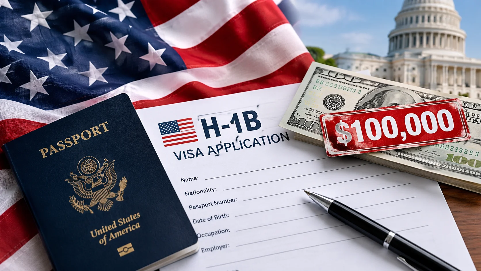 US H-1B visa application form placed with a US passport, stack of US dollar bills with $100,000 tag, and US Capitol building in background