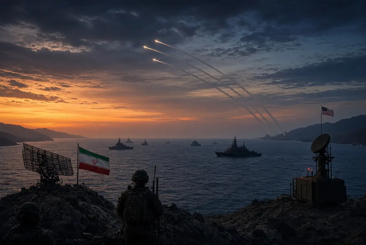Dramatic scene of US Iran attacks with missile trails over the Strait of Hormuz showing military ships radar and flags at dusk