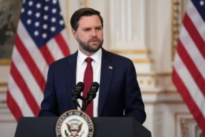 US Vice President JD Vance speaking at White House podium during press briefing on US Iran conflict