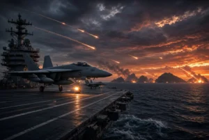 F/A-18 Super Hornet on US aircraft carrier during US Iran strikes with missile trails over Strait of Hormuz at sunset