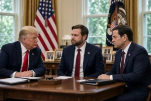 President Trump with Vice President JD Vance and Secretary Marco Rubio discuss US Iran war strategy in White House