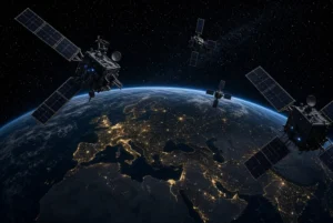 US space weapons and military satellites orbiting Earth at night with city lights visible below