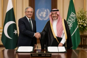 High-quality image of visa waiver agreement signing showing Pakistani and Saudi foreign ministers shaking hands with Pakistan and Saudi Arabia flags in the background