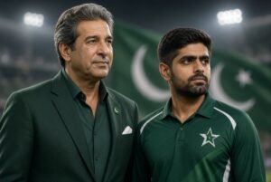 Wasim Akram and Babar Azam standing together in Pakistan cricket kit with national flag in background during discussion on Test captaincy