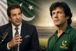 Wasim Akram speaking beside Imran Khan cricket portrait with Pakistan flag and stadium background urging fair treatment