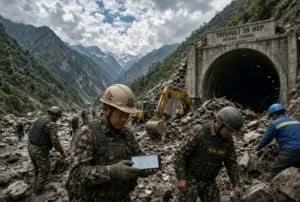 Nepal Army rescuers checking tunnel drawings on smartphone at debris-covered hydropower tunnel entrance during WhatsApp Nepal rescue operation in Trishuli valley