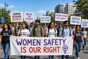 Students and activists marching with banners and placards demanding women safety India during a peaceful protest in New Delhi