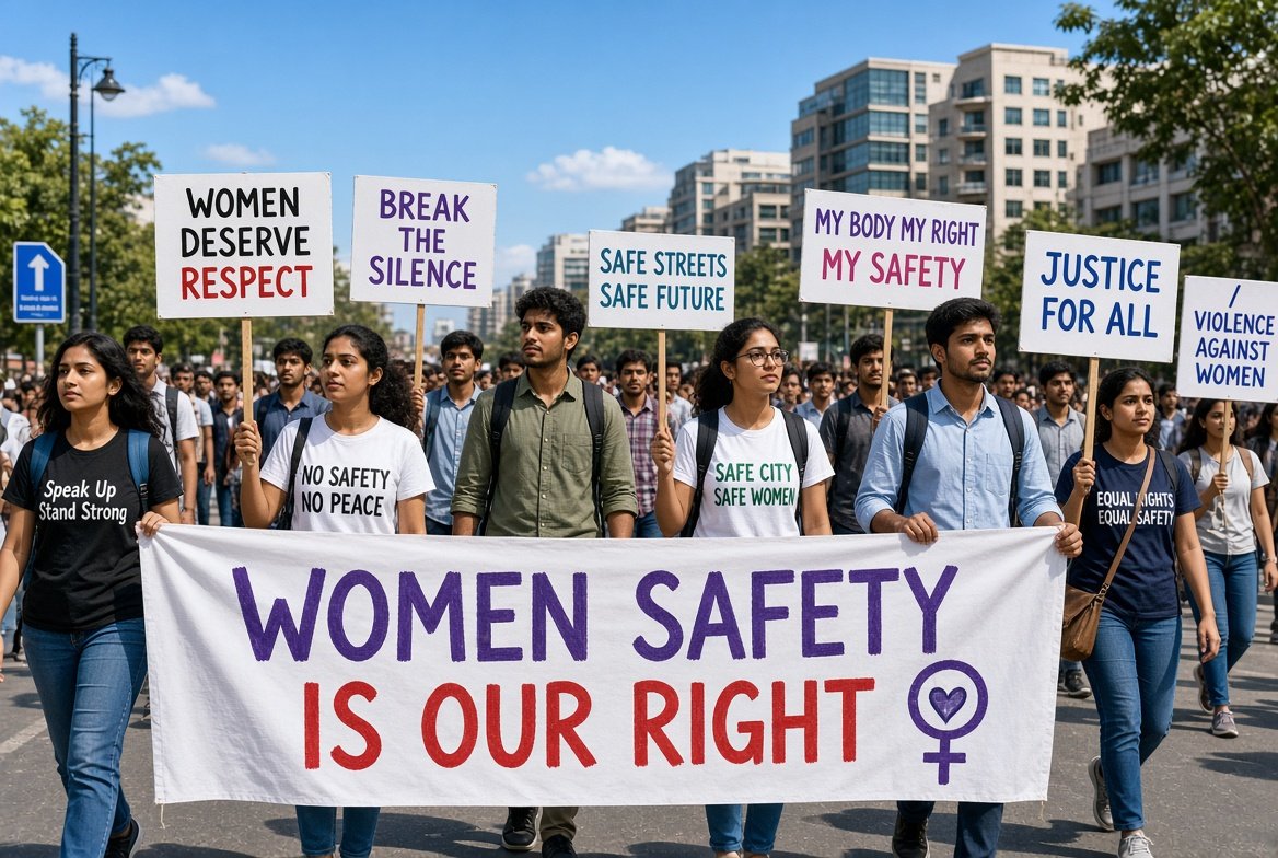 Students and activists marching with banners and placards demanding women safety India during a peaceful protest in New Delhi