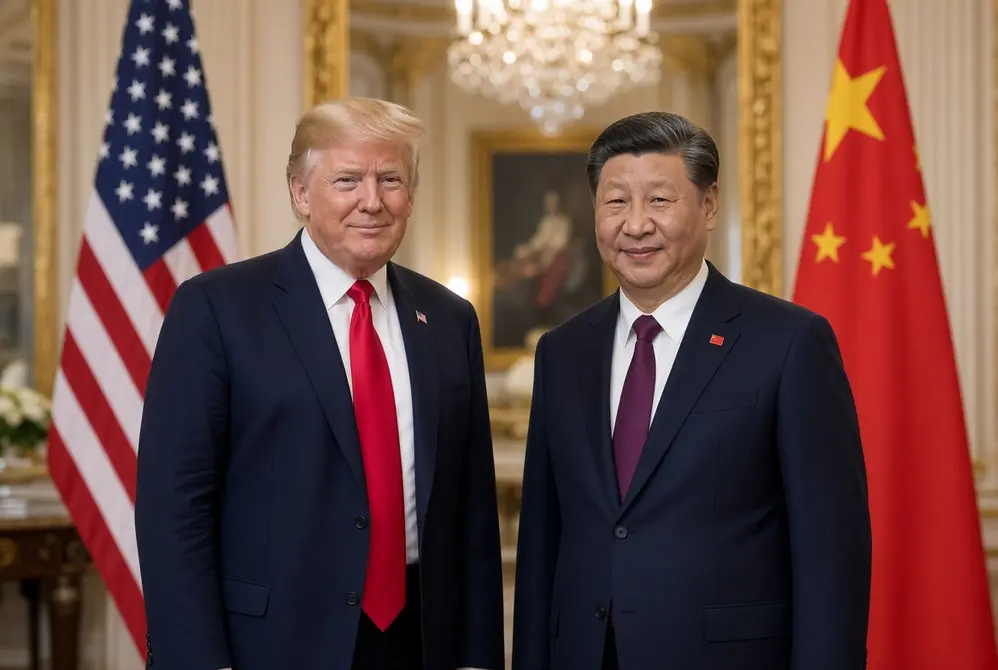 Donald Trump and Xi Jinping standing together at the White House during Xi Trump summit with US and Chinese flags