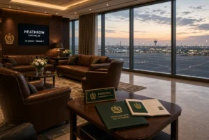 Modern Heathrow VIP lounge with Pakistani Ministry documents and medical clearance papers symbolizing Zardari leaves London after private UK stay