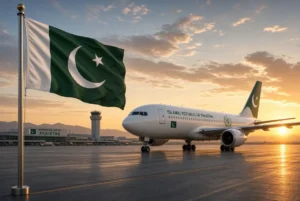 Pakistani flag waving beside presidential aircraft on airport runway at sunset symbolizing Zardari returns Pakistan after private UK visit