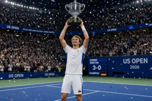 Alexander Zverev holding the US Open trophy high after defeating Ben Shelton in the 2026 final at Billie Jean King National Tennis Center