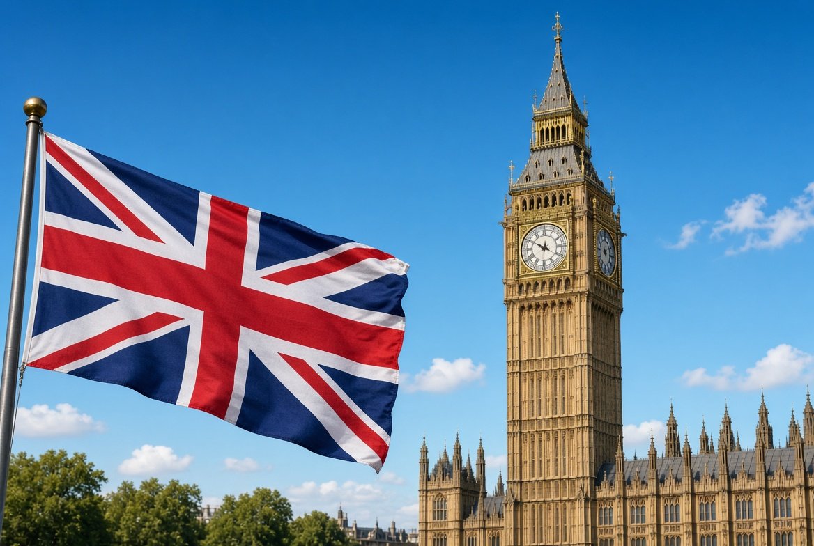 British Union Jack flag waving next to Big Ben in London related to army chef jailed case