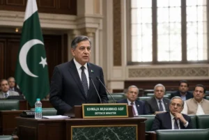 Defence Minister Khawaja Asif speaking at the podium in Pakistan National Assembly during discussion on Asif Tehran visit and no defence pact