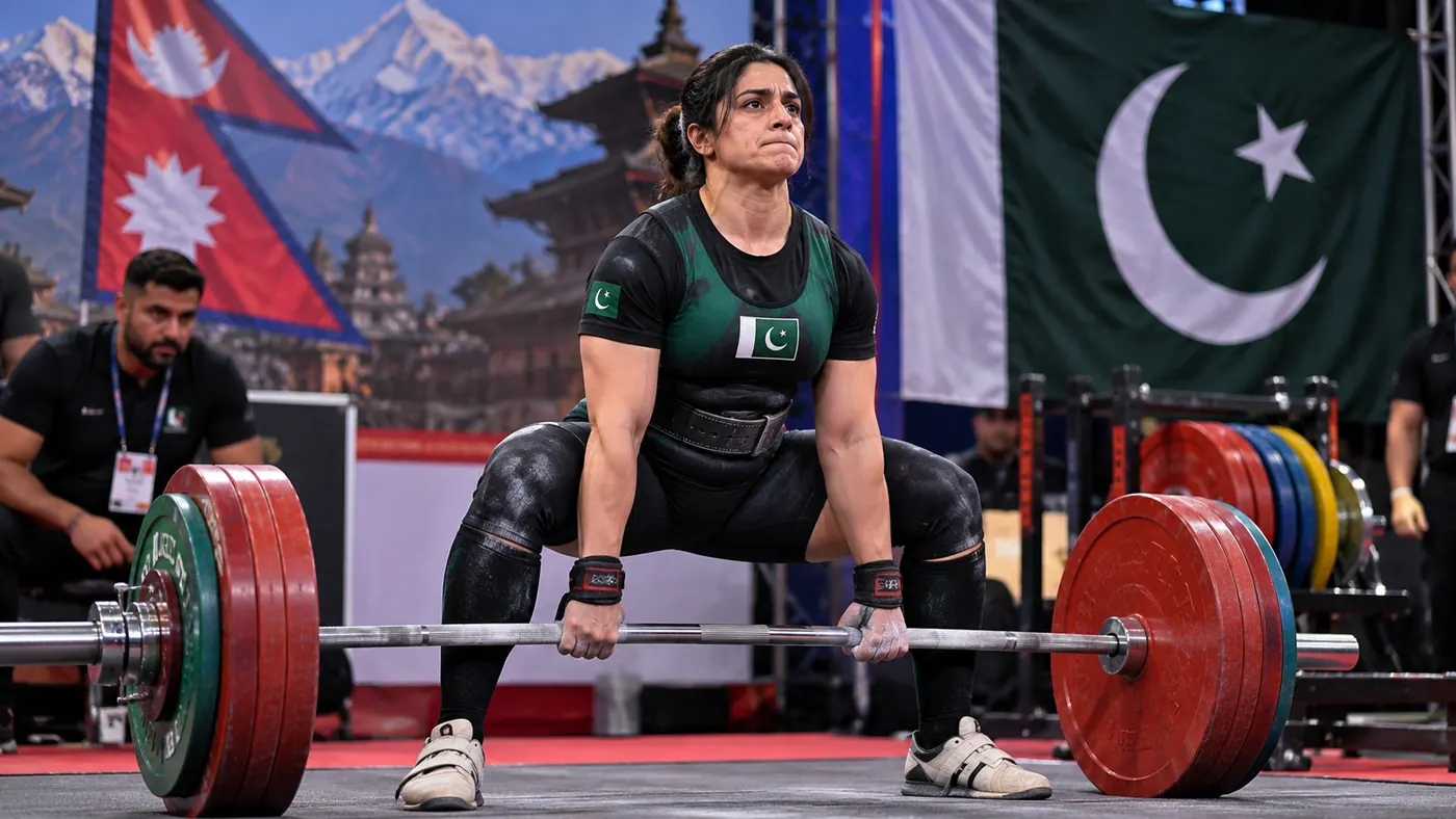 Pakistani female powerlifter performing a deadlift at a championship in Nepal, representing Ayesha Hassan Gold medal victory.