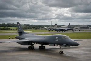 US Air Force B-1 bombers parked on the tarmac at RAF Fairford airbase in Britain during withdrawal after security scare