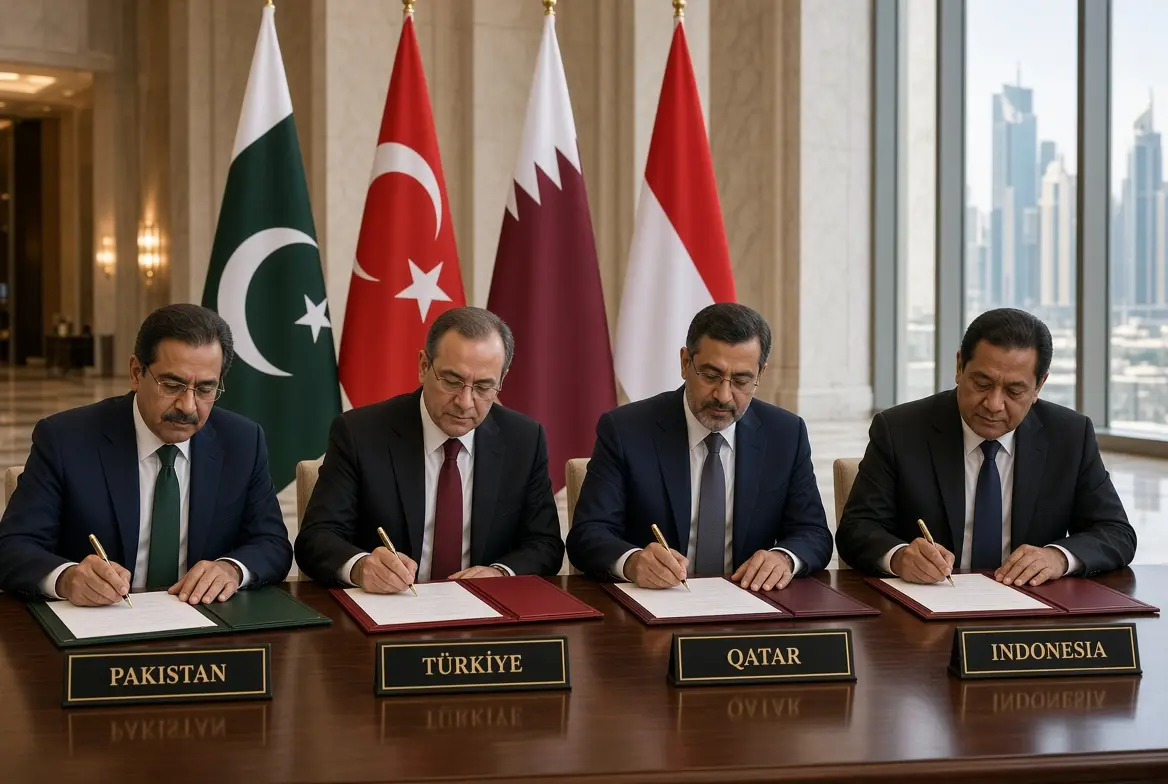 Officials from Pakistan, Türkiye, Qatar and Indonesia signing the Badr defence accord documents during the formal ceremony in Doha