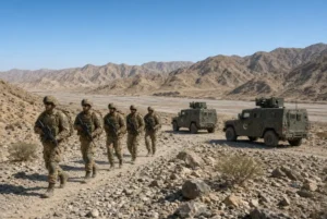 Pakistan Army soldiers on patrol during Balochistan operations in the rocky arid terrain near Gwadar