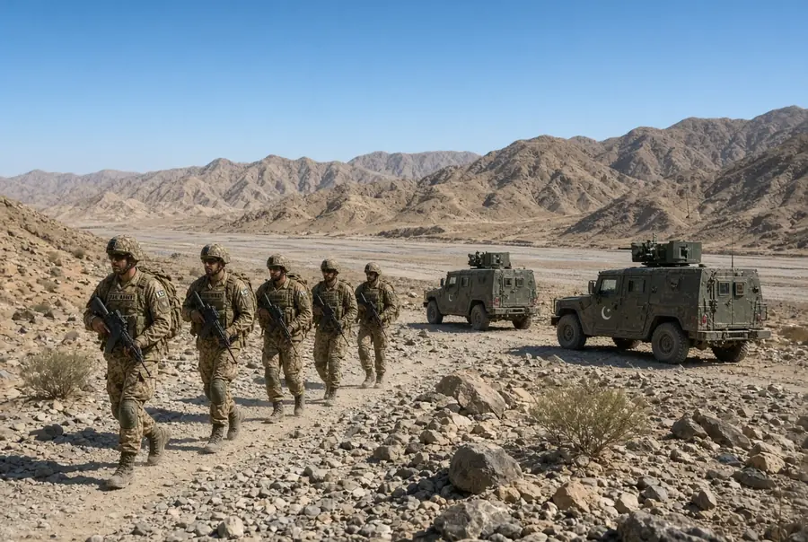 Pakistan Army soldiers on patrol during Balochistan operations in the rocky arid terrain near Gwadar