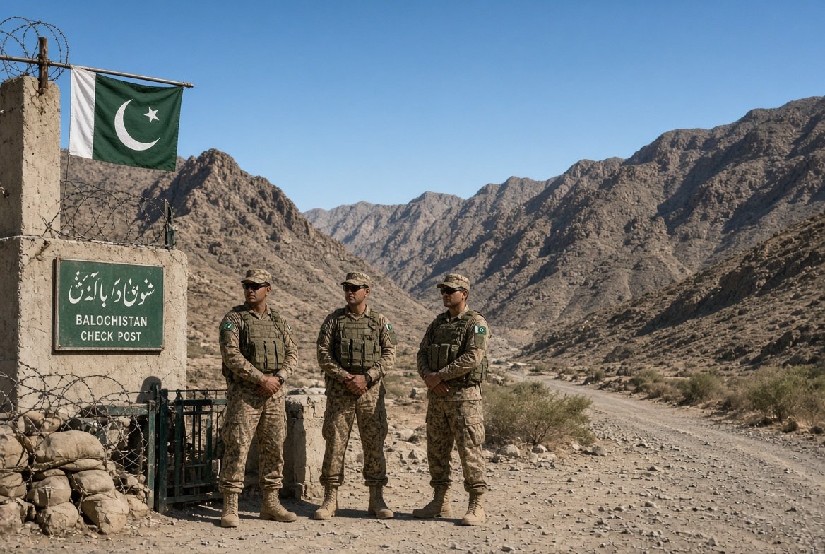 Pakistani security forces standing at Balochistan check post after intelligence-based operations where Balochistan terrorists killed