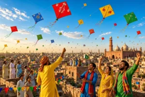 People joyfully flying colorful kites from rooftops during Basant festival Punjab with Badshahi Mosque in the background