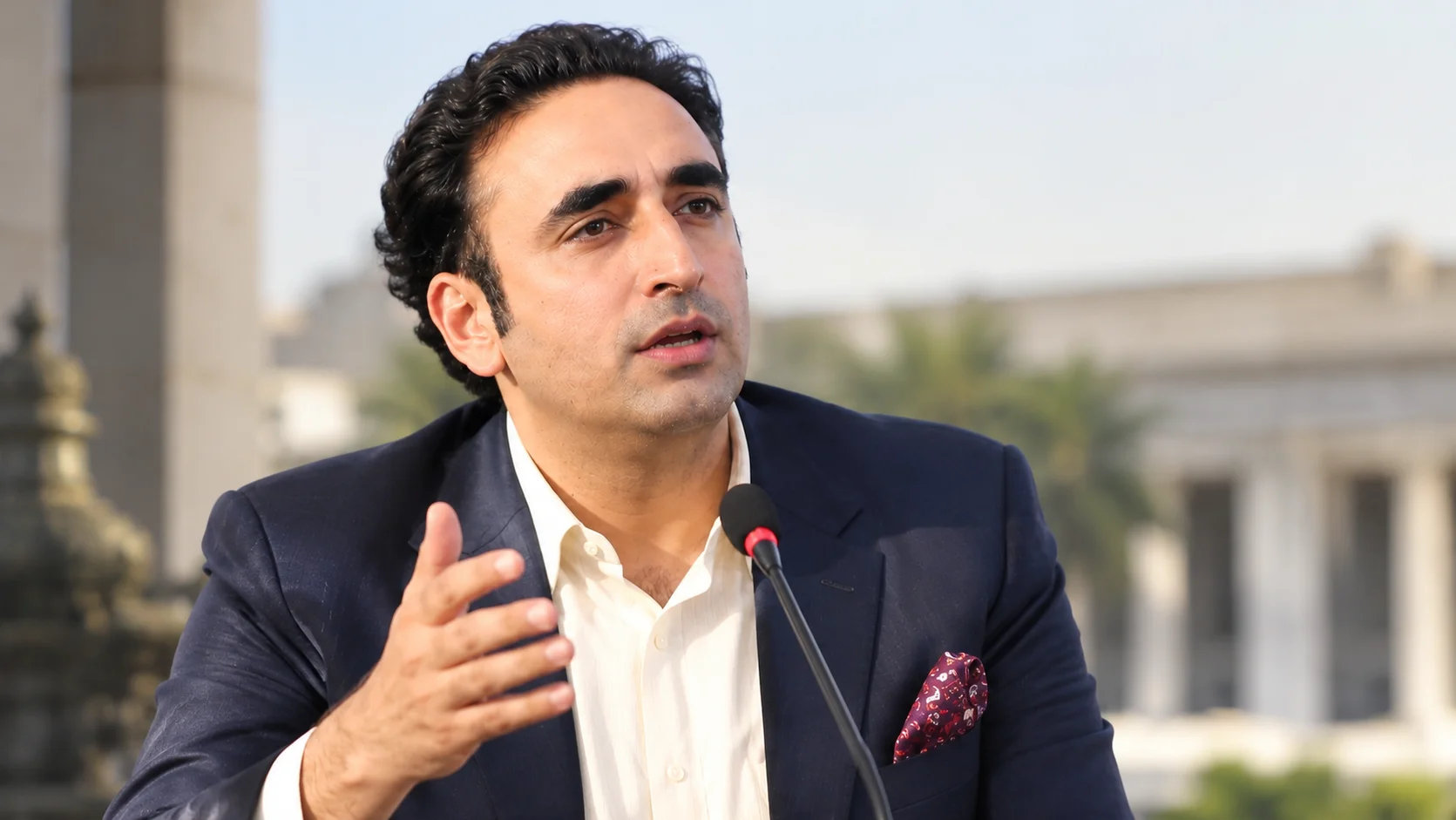 Bilawal Bhutto Zardari speaking at a microphone during a press conference or public address.