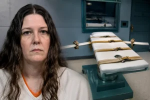 Portrait representation of Christa Pike alongside an execution chamber in Tennessee during the Christa Pike execution case.