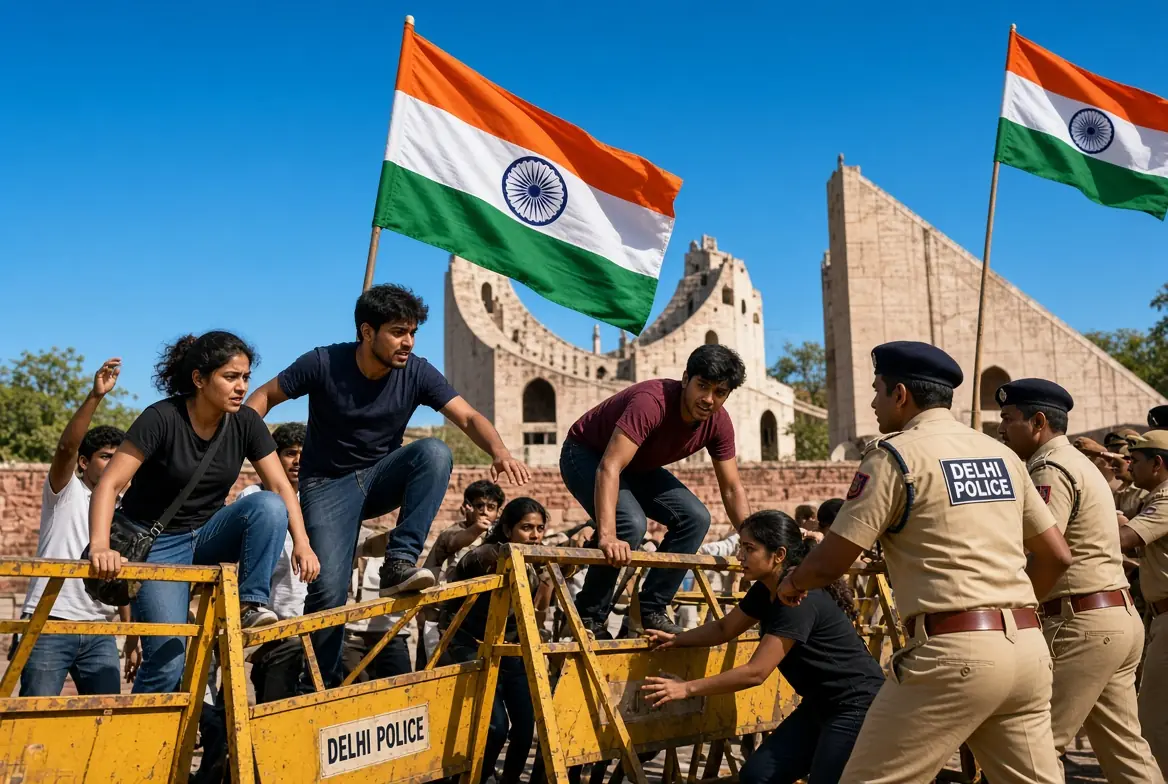 CJP leaders detained as student activists climb yellow Delhi Police barricades waving Indian flags at Jantar Mantar protest site
