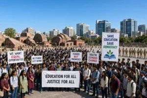 Cockroach Janata Party supporters holding banners during planned protest in New Delhi against voter list revision