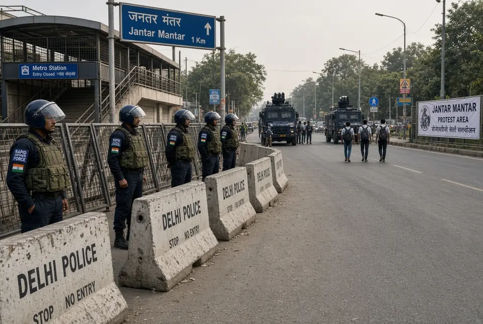 Rapid Action Force officers standing behind Delhi Police barricades near Jantar Mantar metro station during Cockroach Janta Party protest lockdown in New Delhi with anti-riot vehicles in background