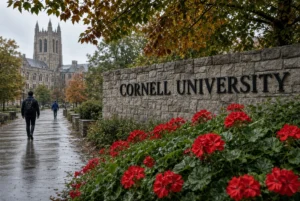 Young student walking by Cornell University stone entrance sign on autumn campus path linked to Cornell sexual assault case