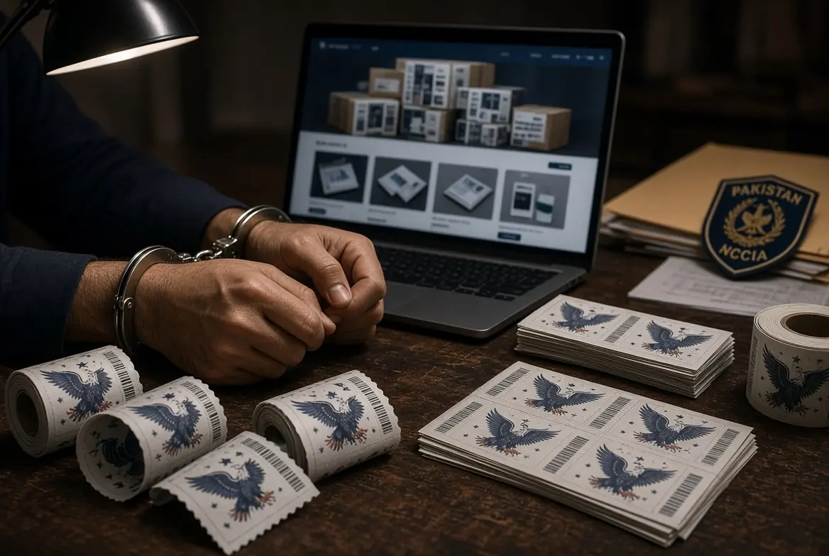 Handcuffed hands of the main suspect sitting next to stacks of counterfeit US stamps and a laptop showing an online postage sales website during the NCCIA investigation into the Rs35bn fraud case